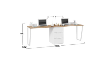 Комплект столов письменных с 1 тумбой универсальной Порто 580 Белый Жемчуг, Яблоня Беллуно, Белый софт