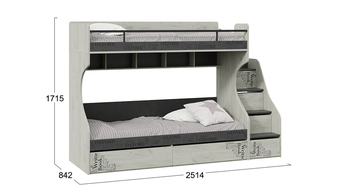 Кровать 2-х ярусная с лестницей приставной с ящиками Оксфорд-2 Матера, Дуб крафт белый с рисунком