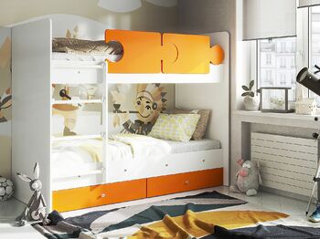 Кровать двухъярусная Мая с бортиками Тетрис и ящиками на латах белый-оранж