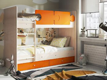 Кровать двухъярусная Мая с бортиками Тетрис и ящиками на латах дуб молочный-оранж