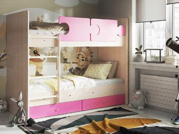Кровать двухъярусная Мая с бортиками Тетрис и ящиками на латах дуб молочный-розовый