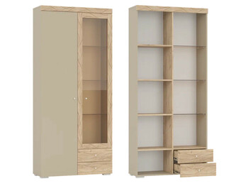 Шкаф 2-х дверный со стеклом и двумя ящиками Палермо Дуб крафт золотой/Капучино 6-87002