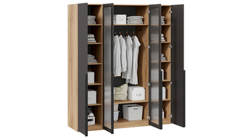 Шкаф для одежды 580 с 2 глухими и 2 стеклянными дверями Яблоня Беллуно-Графит-стекло сатин черное