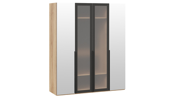 Шкаф для одежды 580 с 2 зеркальными и 2 стеклянными дверями Яблоня Беллуно-Графит-стекло сатин черное