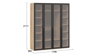 Шкаф для одежды 580 с 4 стеклянными дверями Яблоня Беллуно-Графит-стекло сатин черное