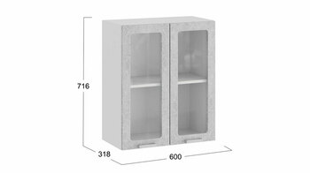 Шкаф навесной c двумя дверями со стеклом Гранита Белый-Бетон снежный